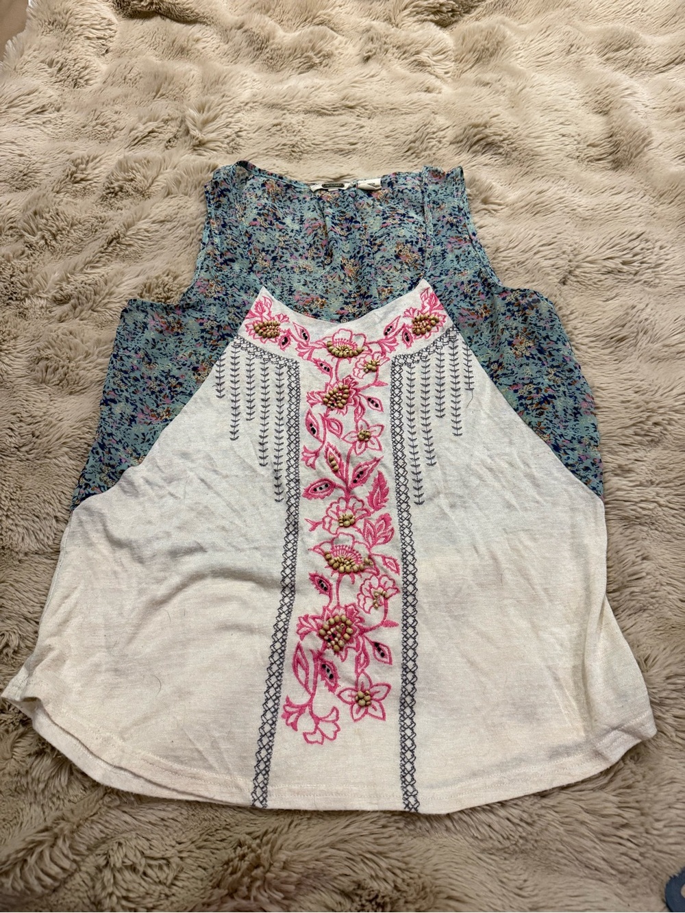 Miss Me Floral Embroidered Tank Top - Cream, Pink & Blue